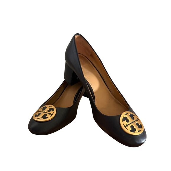 Tory Burch Size 10 Black Leather Gold Logo Medallion Chelsea Block Heel Pumps - Picture 1 of 15